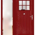 red front door with one side